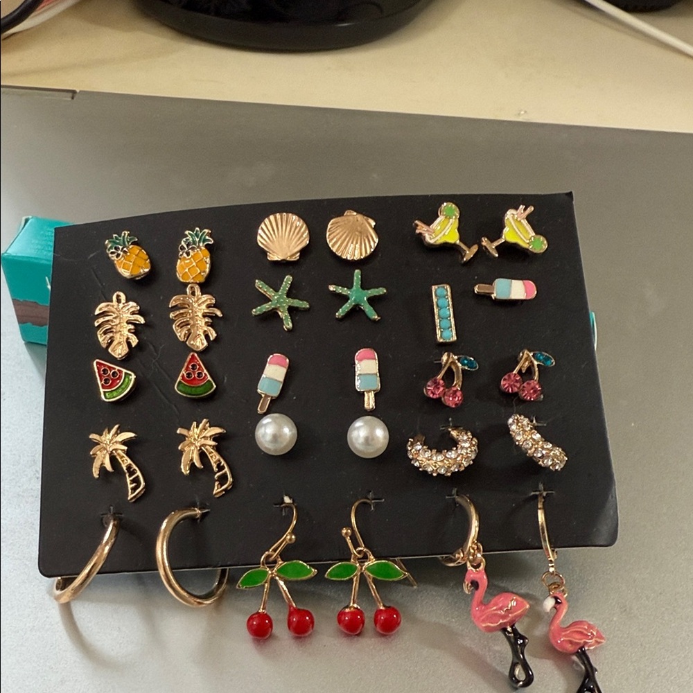 Torrid  card of tropical studs. Vacay cruise cherries, flamingoes, palm trees.